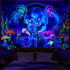 UV Reactive Astronaut Tapestry Plants Jellyfish Neon Galaxy