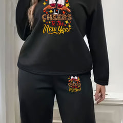 Plus Size Cup & Slogan Print Fleece Lounge Set