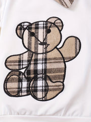 2pcs Baby Girls' Bear Graphic Collared T Shirt & Bow Plaid Skirt Set