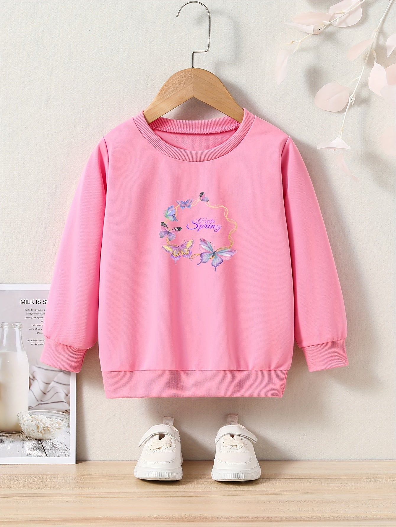 Spring Butterfly Print Girls Pullover Sweatshirt Long Sleeve Crew Neck Tops