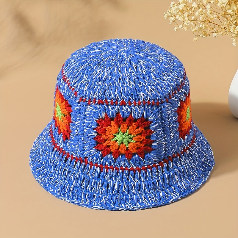 Boho Floral Crochet Bucket Hats Vintage Beanie For Women