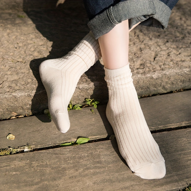 10 Pairs Women's Solid Crew Socks - Comfy & Breathable Mid Tube Stockings