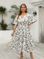 Floral Print V Neck Maxi Smock Dress