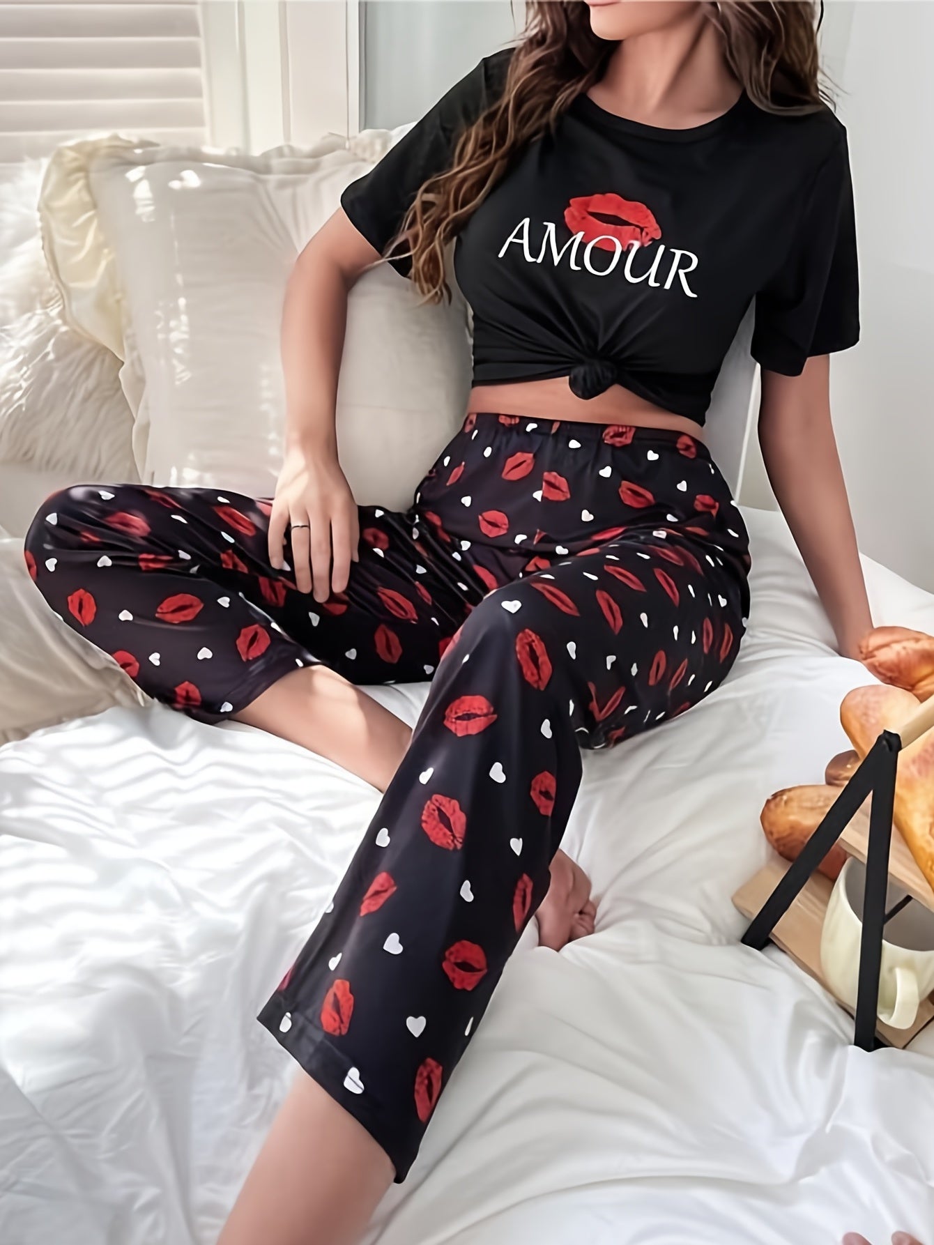 Lips Print Pajama Set Short Sleeve Top & Pants Women's Sleepwear