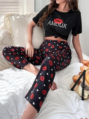 Lips Print Pajama Set Short Sleeve Top & Pants Women's Sleepwear