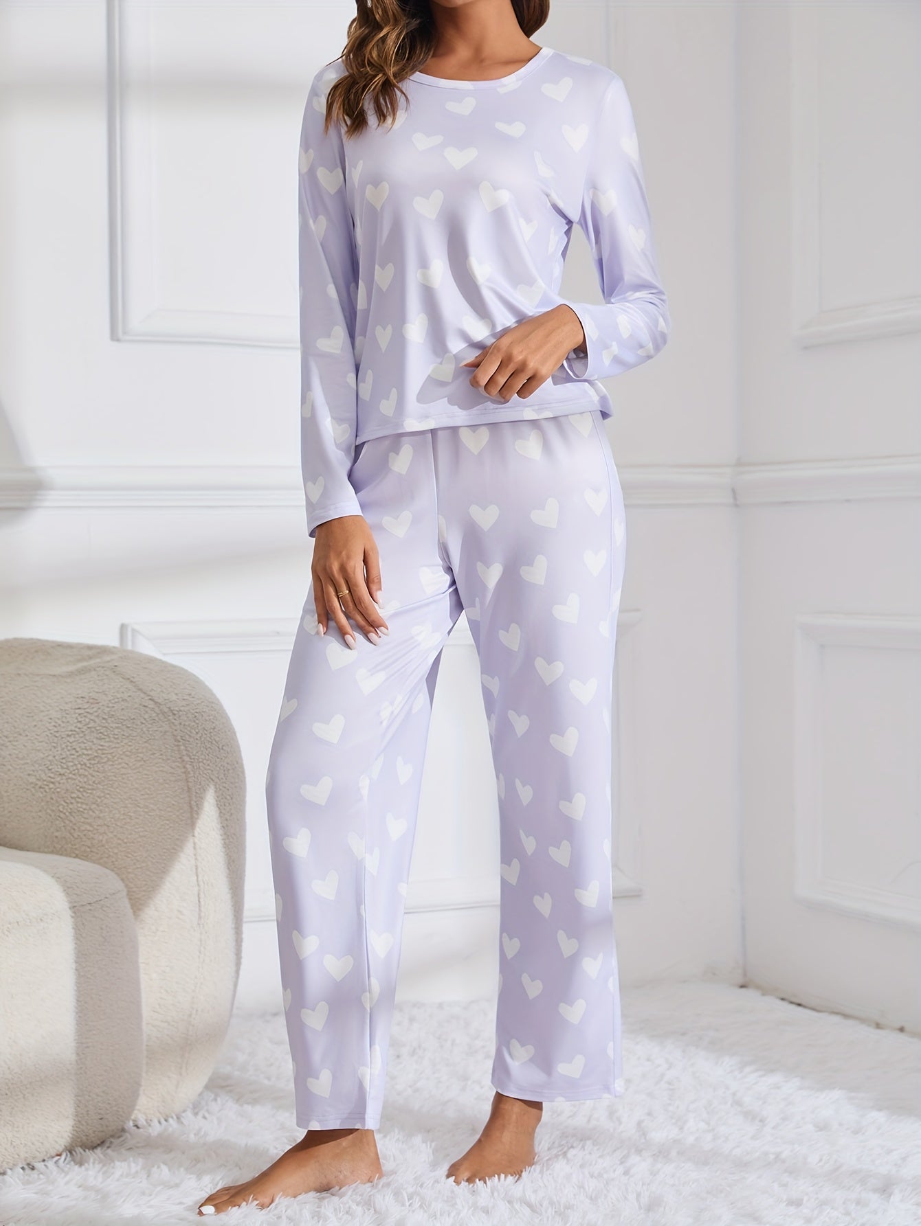 Heart Print Pajama Set Long Sleeve Top & Pants Women's Sleepwear