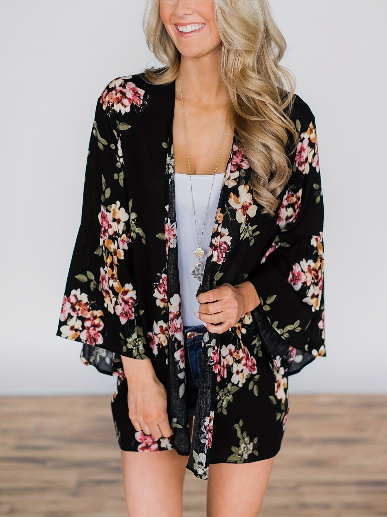 Floral Print Cover Up Shirt Long Sleeves Loose Fit V Neck Semi Sheer Kimono