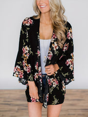 Floral Print Cover Up Shirt Long Sleeves Loose Fit V Neck Semi Sheer Kimono