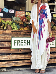 Bird Print Side Split Cover Up with Drawstring Waistband Coverup Pants