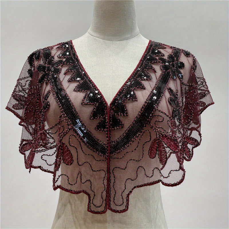 Vintage Embroidery Shawl Sequin Beads Lace Cape Women Glitter Scarf