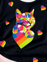 Rainbow Kitty & Heart Graphic Short Sleeve T shirt Girls Summer Clothes