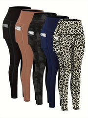 5 Pack Plus Size Sports Leggings Set Women's Plus Stitching Wide Waistband