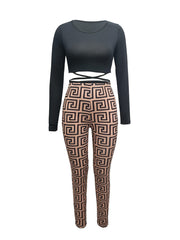 Women's Two Piece Set Crew Neck Top & Printed Pants Fall/Spring
