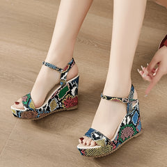 Snakeskin Wedge Sandals Ankle Strap Platform Heel