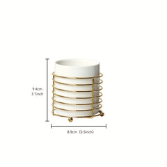 Kitchen Utensil Holder with Golden Ring Metal Frame and Ceramic Crocks
