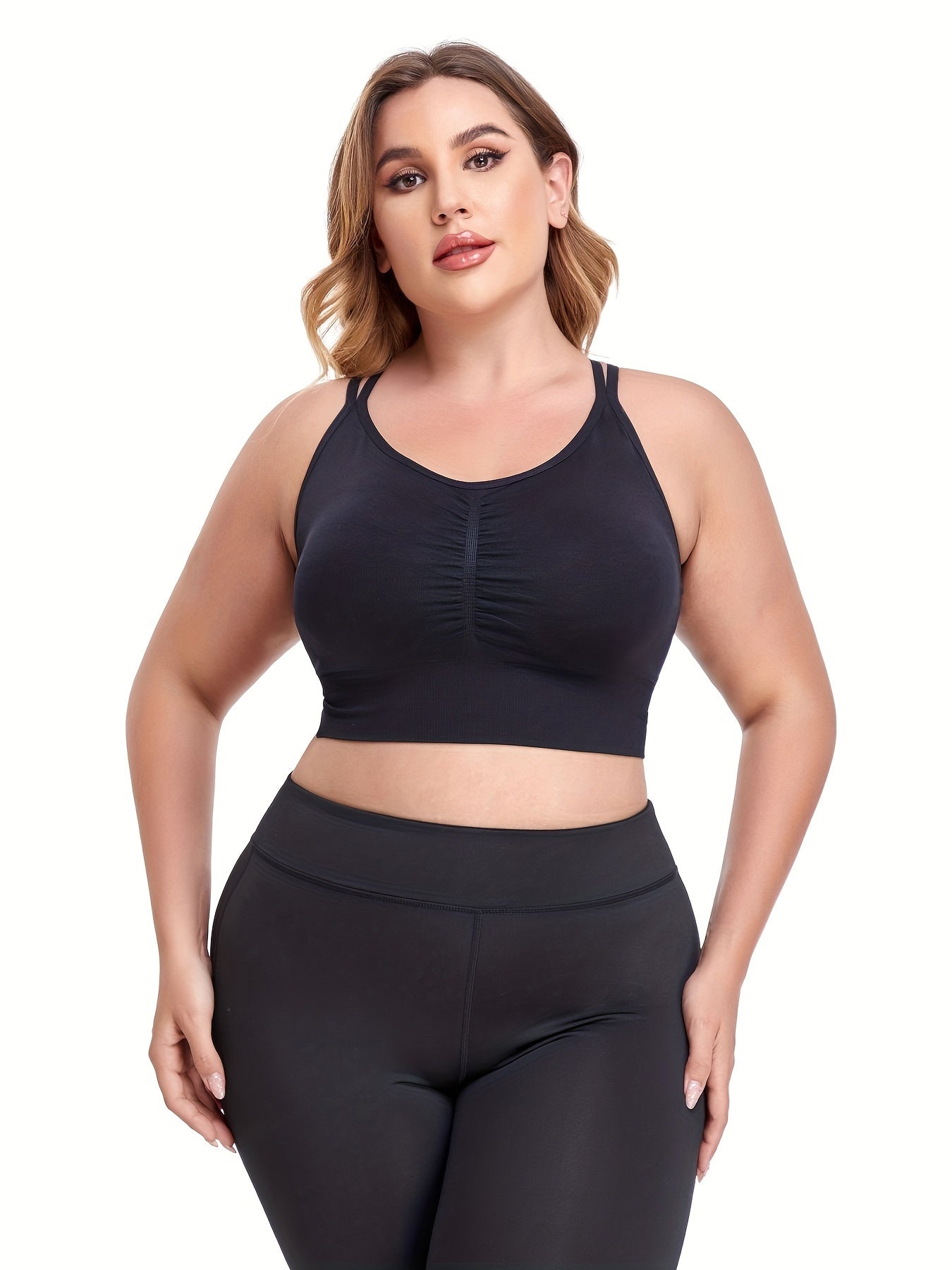 Sports Bra Solid Ruched Strappy Crisscross Back Seamless Fitness Bra