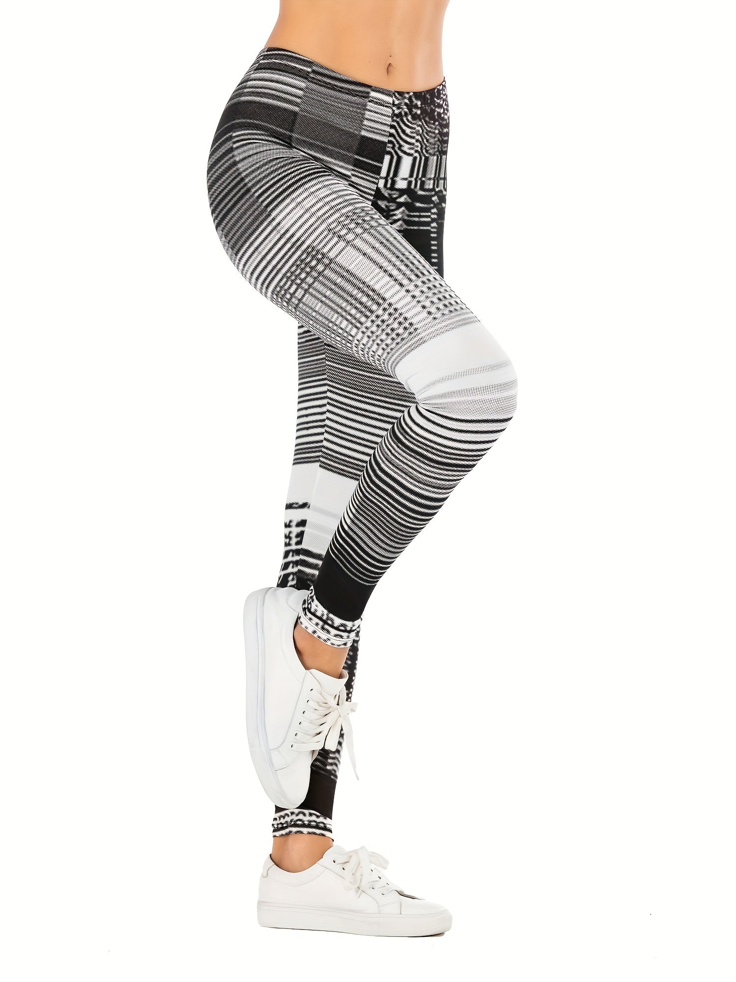Block Striped Print Leggings Sexy High Waist Slim Long Length Leggings