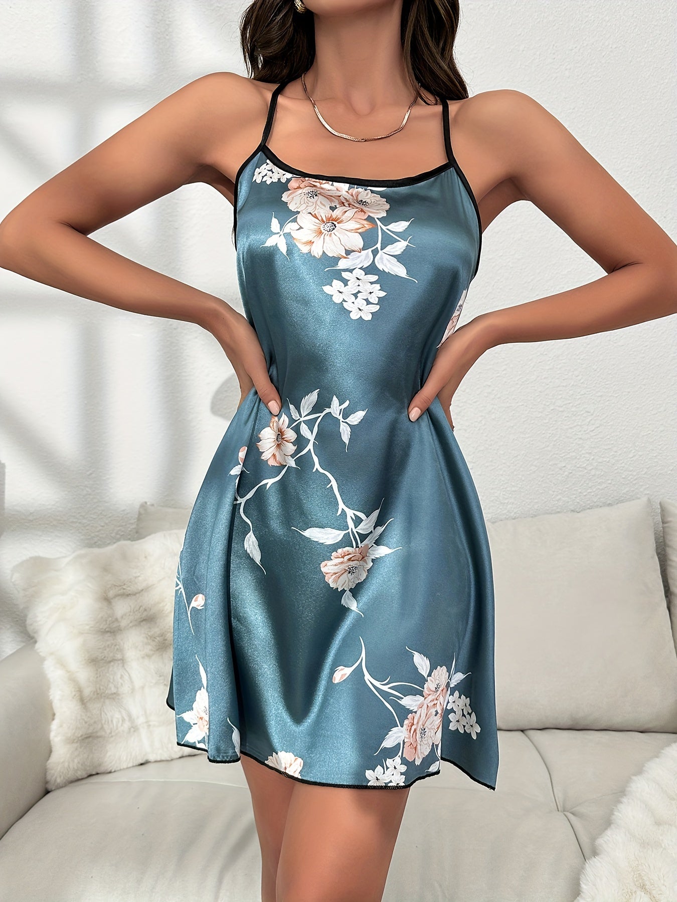 Floral Print Satin Spaghetti Strap Sleep Dress