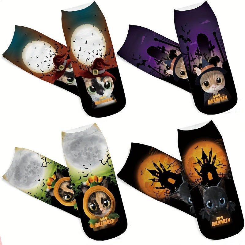 4 Pairs 3D Cat Print Socks Comfy & Halloween Low Cut Socks