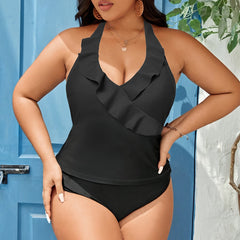 Ruffle Trim Tankini Set V Neck Backless Halter Top & Panty Swimsuit