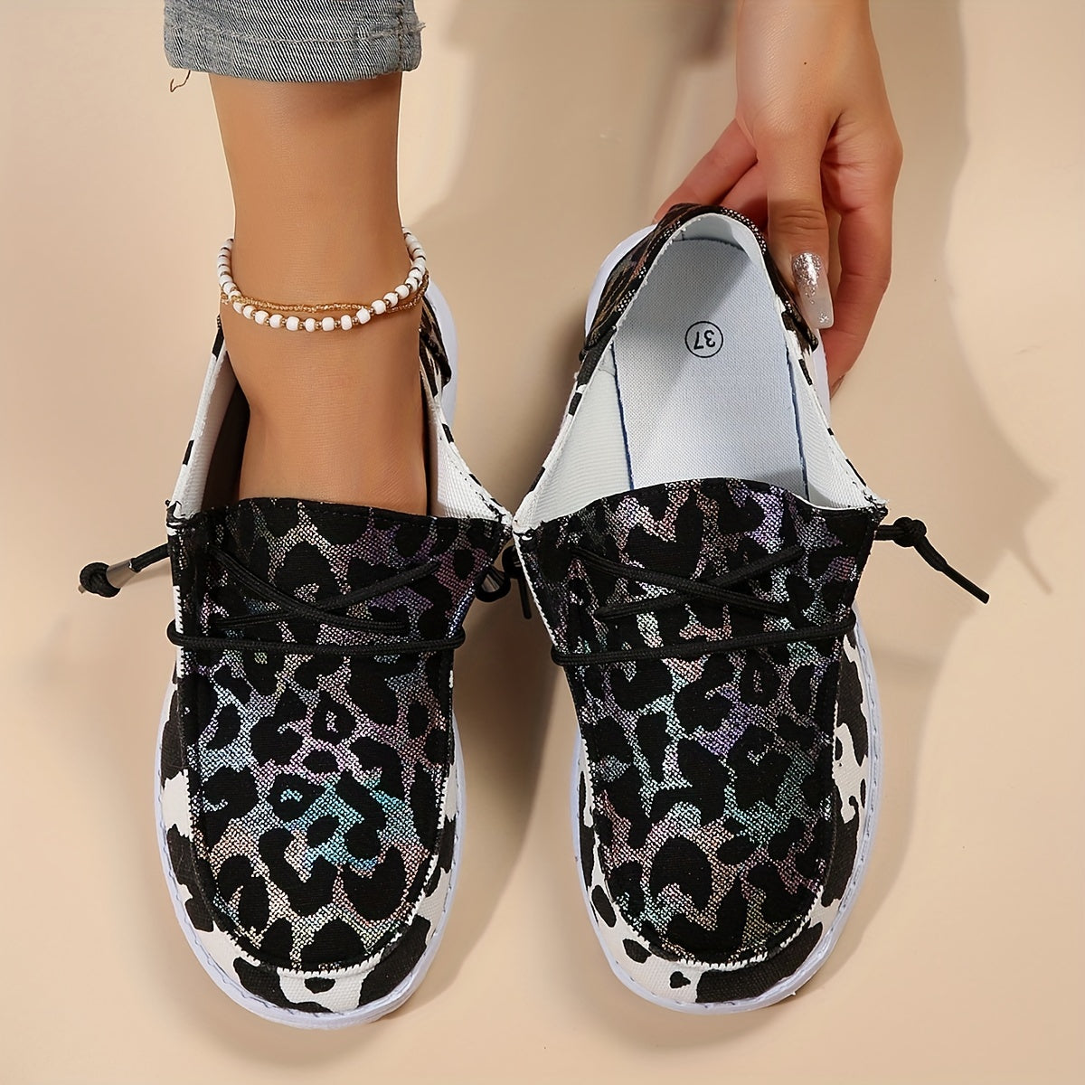 Women's Cow Print Low Walking Shoes Lace up Casual Flats