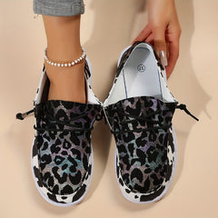 Women's Cow Print Low Walking Shoes Lace up Casual Flats
