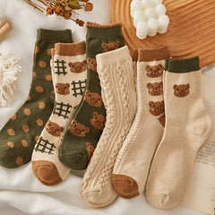 6 Pairs Cartoon Bear Print Socks Women's Mid Tube Stockings