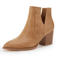 Snakeskin Print Ankle Boots Pointed Toe Slip On Shoes Cut Out Booties