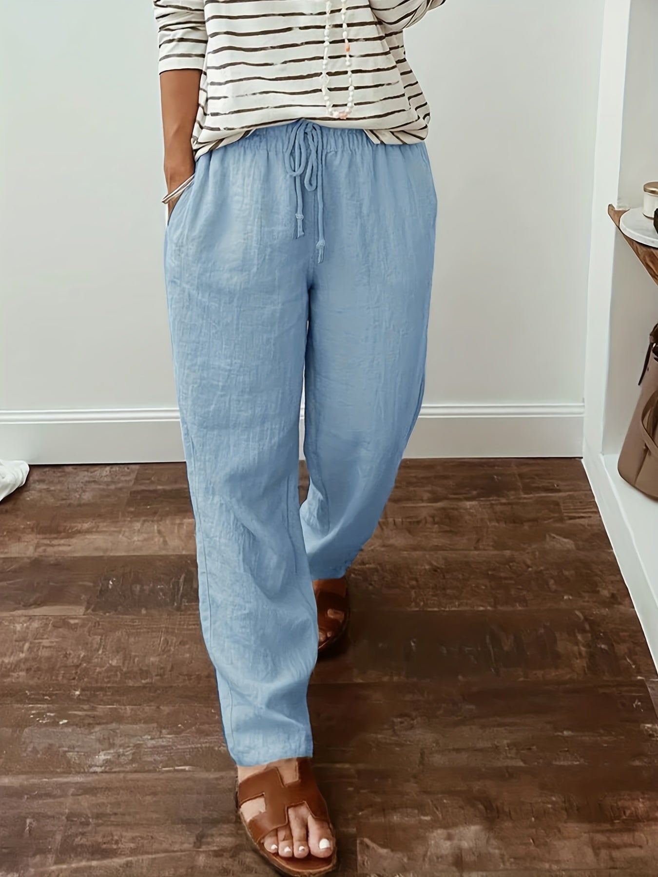 Solid Drawstring Straight Leg Pants Casual Dual Pockets Pants
