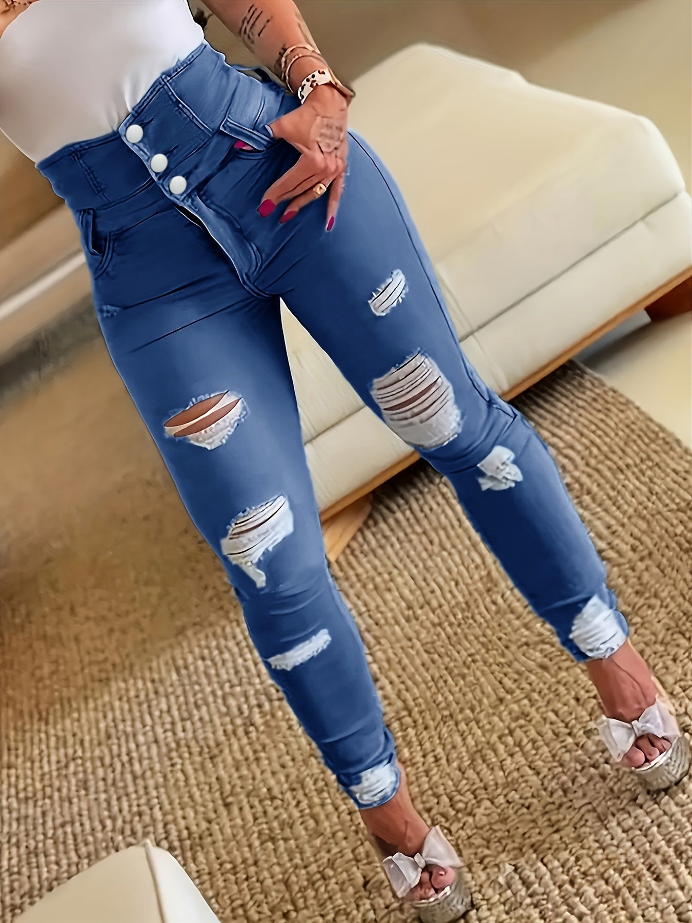 High Waist Skinny Jeans Distressed Ripped Holes Denim Pants