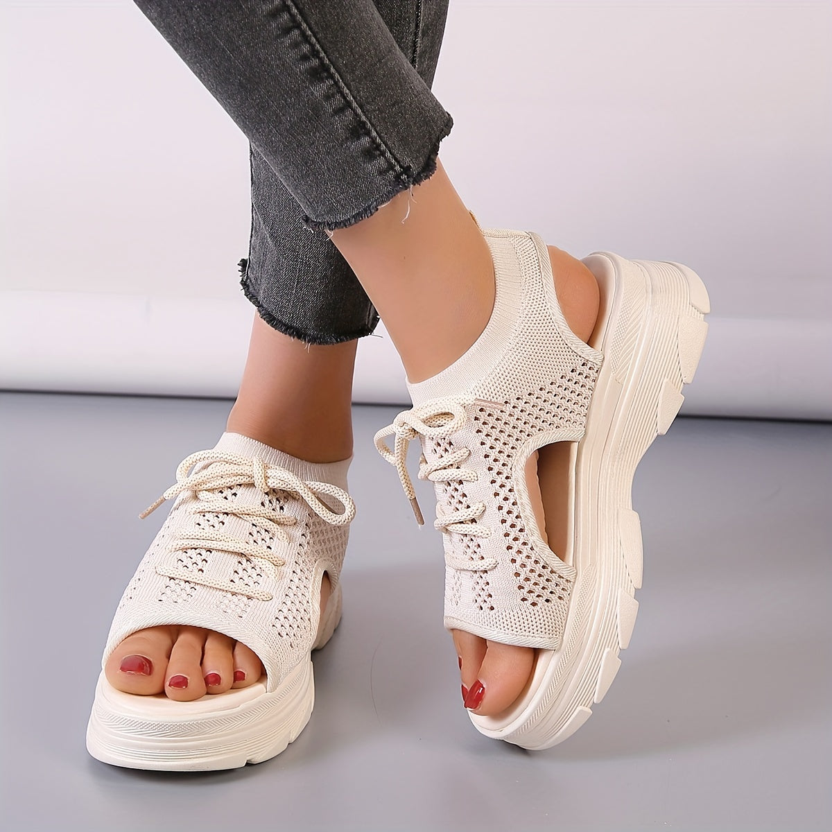 Women's Mesh Lace-up Sports Sneakers Platform Sandals