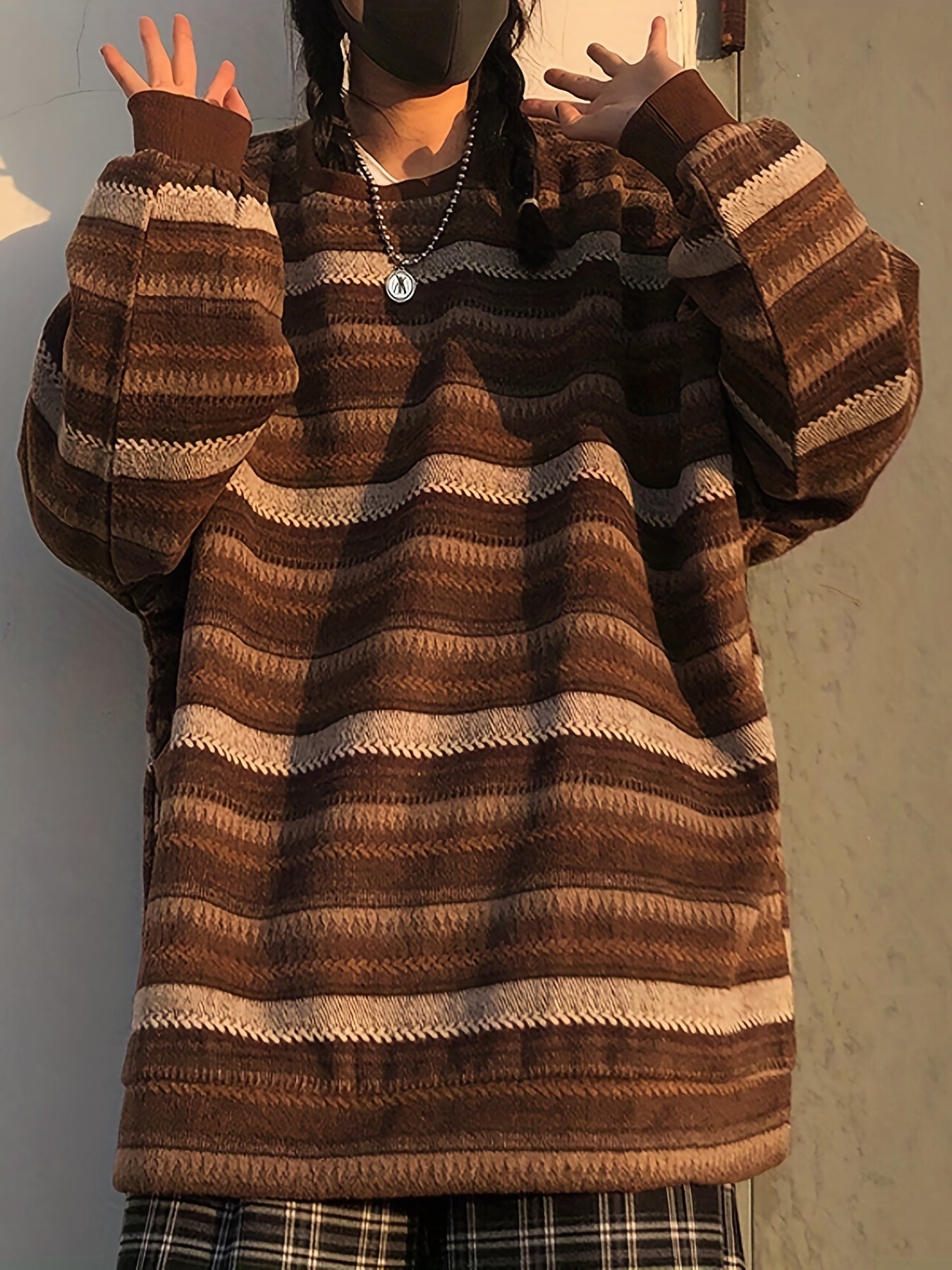 Striped Drop Shoulder Sweatshirt Casual Crew Neck Pullover