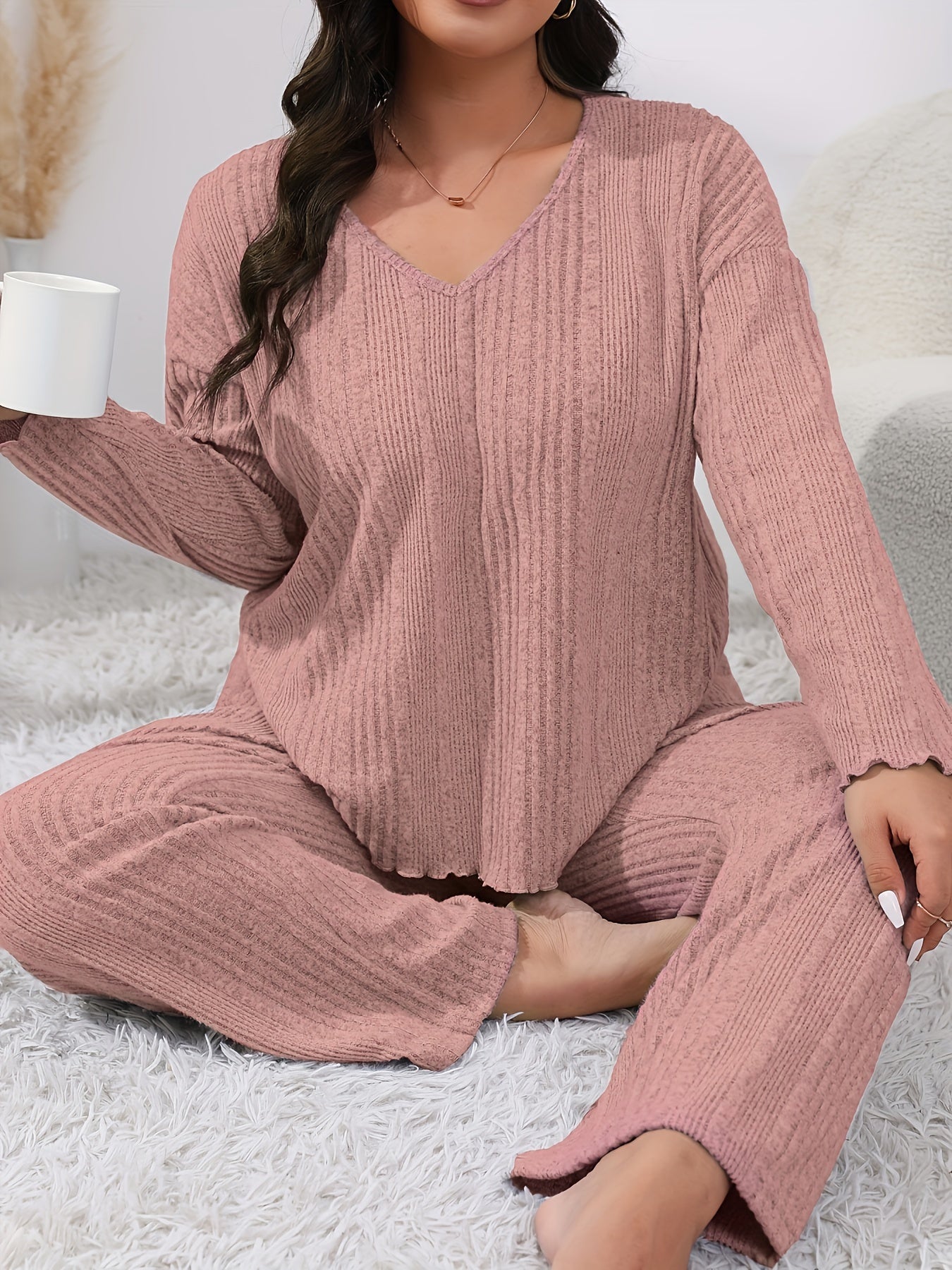 Ribbed Knit Lounge Set V-Neck Top & Pants Pajamas