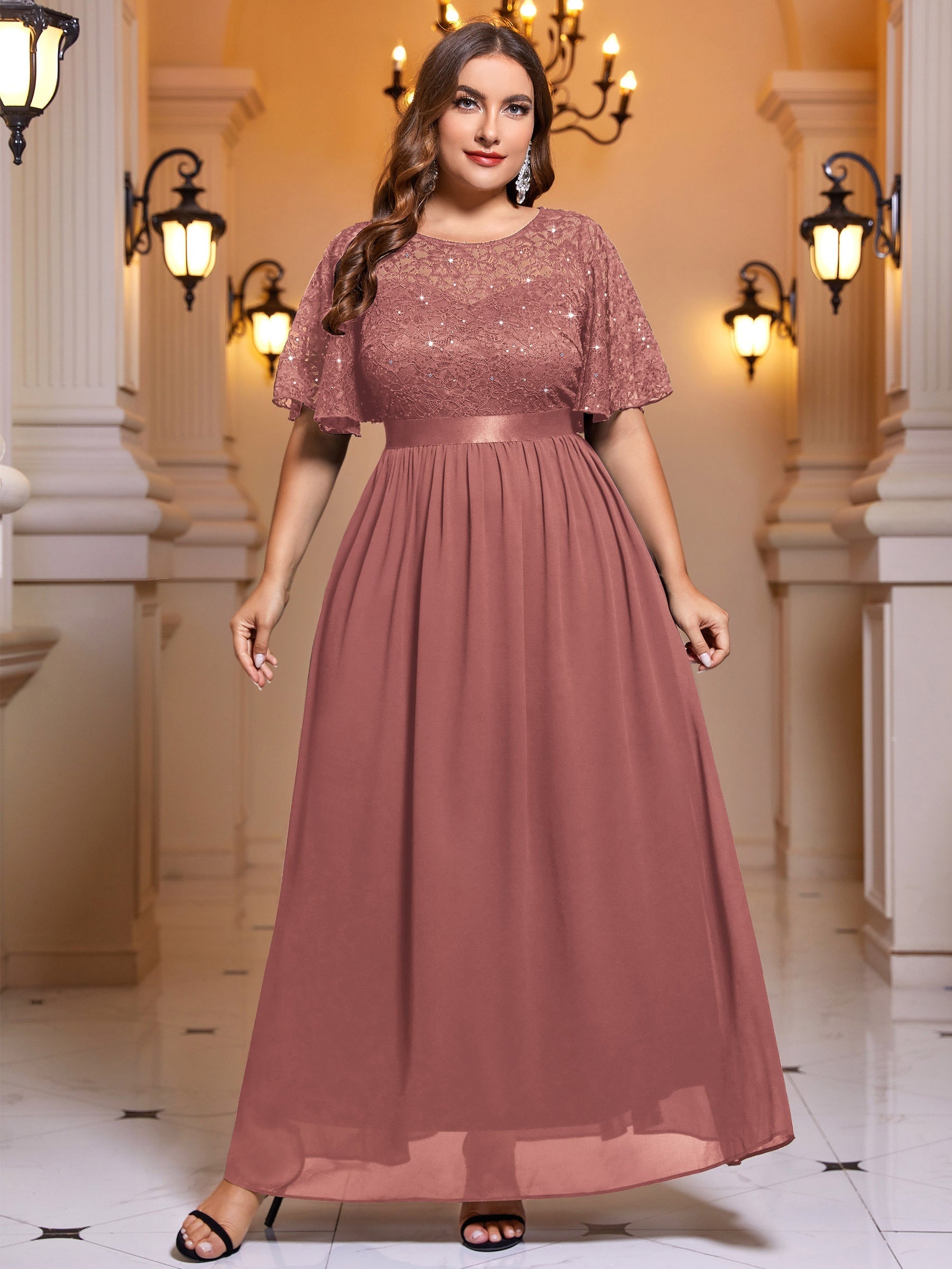 Sequin Lace Flutter Sleeve Maxi Bridesmaid Dress