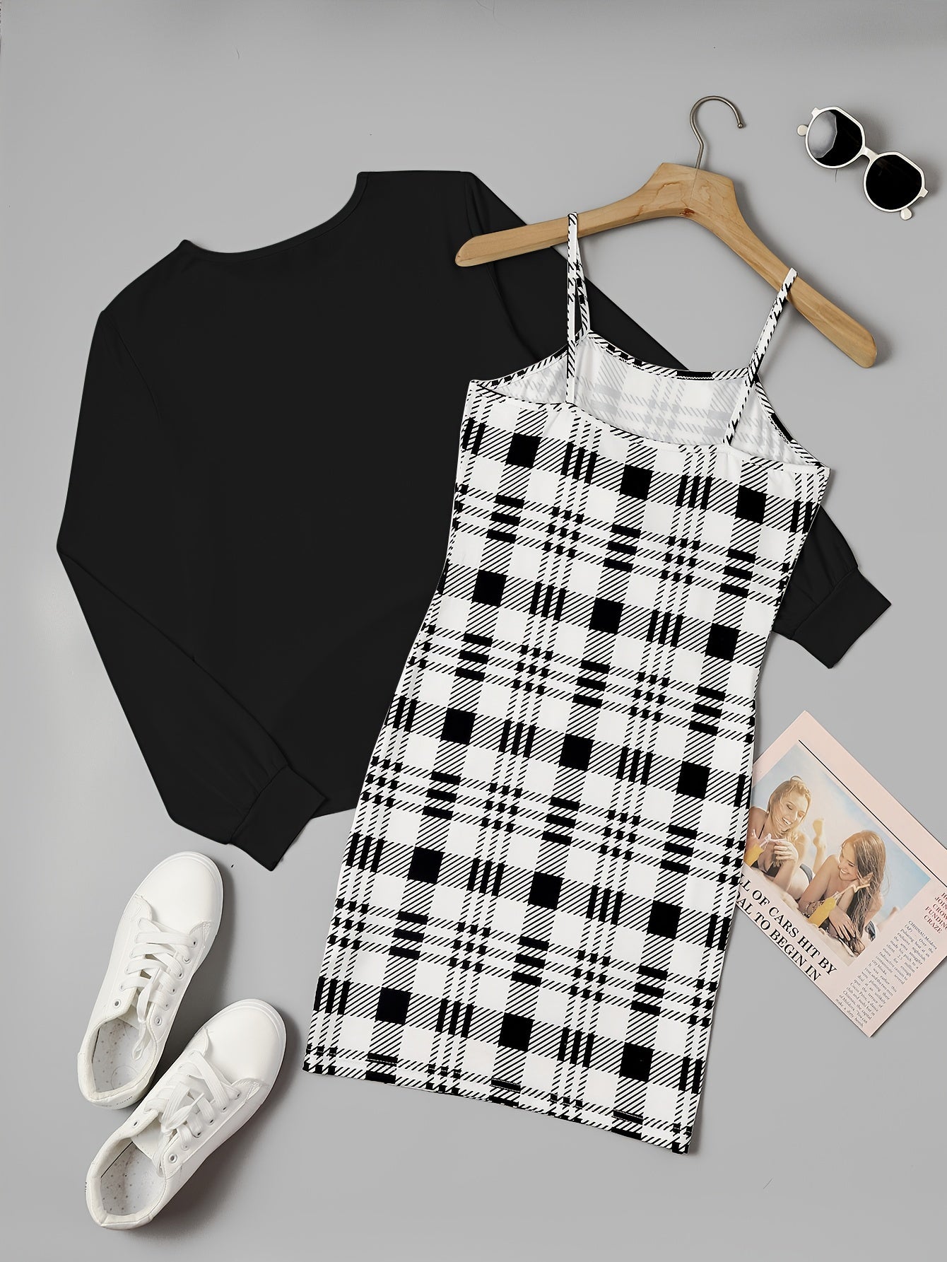 2 Piece Set Long Sleeve Top & Plaid Print Cami Dress Outfits