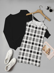 2 Piece Set Long Sleeve Top & Plaid Print Cami Dress Outfits