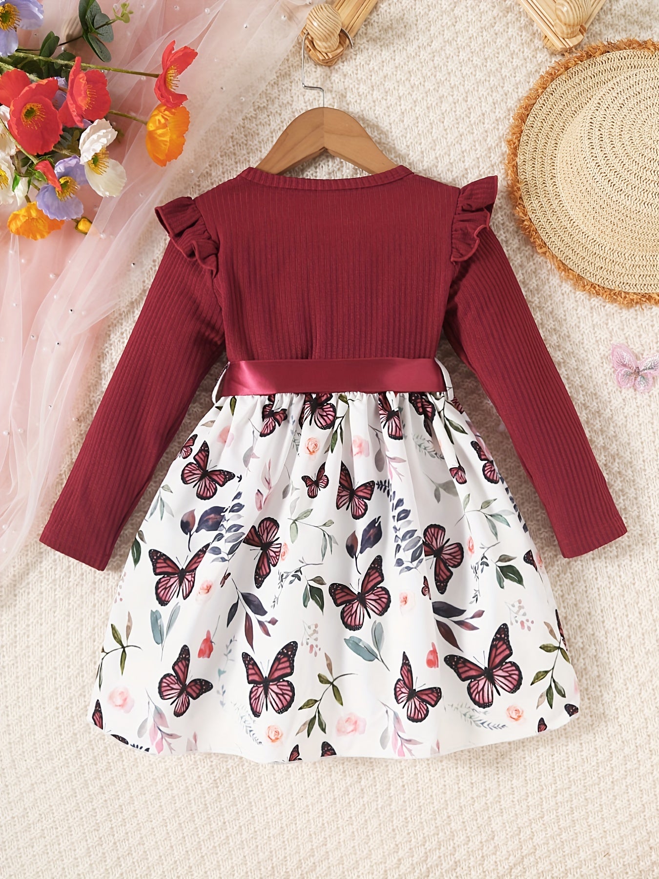 Girls Butterfly Print Ribbed Long Sleeve Dress