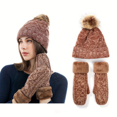 3pcs Ribbed Beanie Scarf Gloves Set Knit Pom Pom Decor Elastic Coldproof