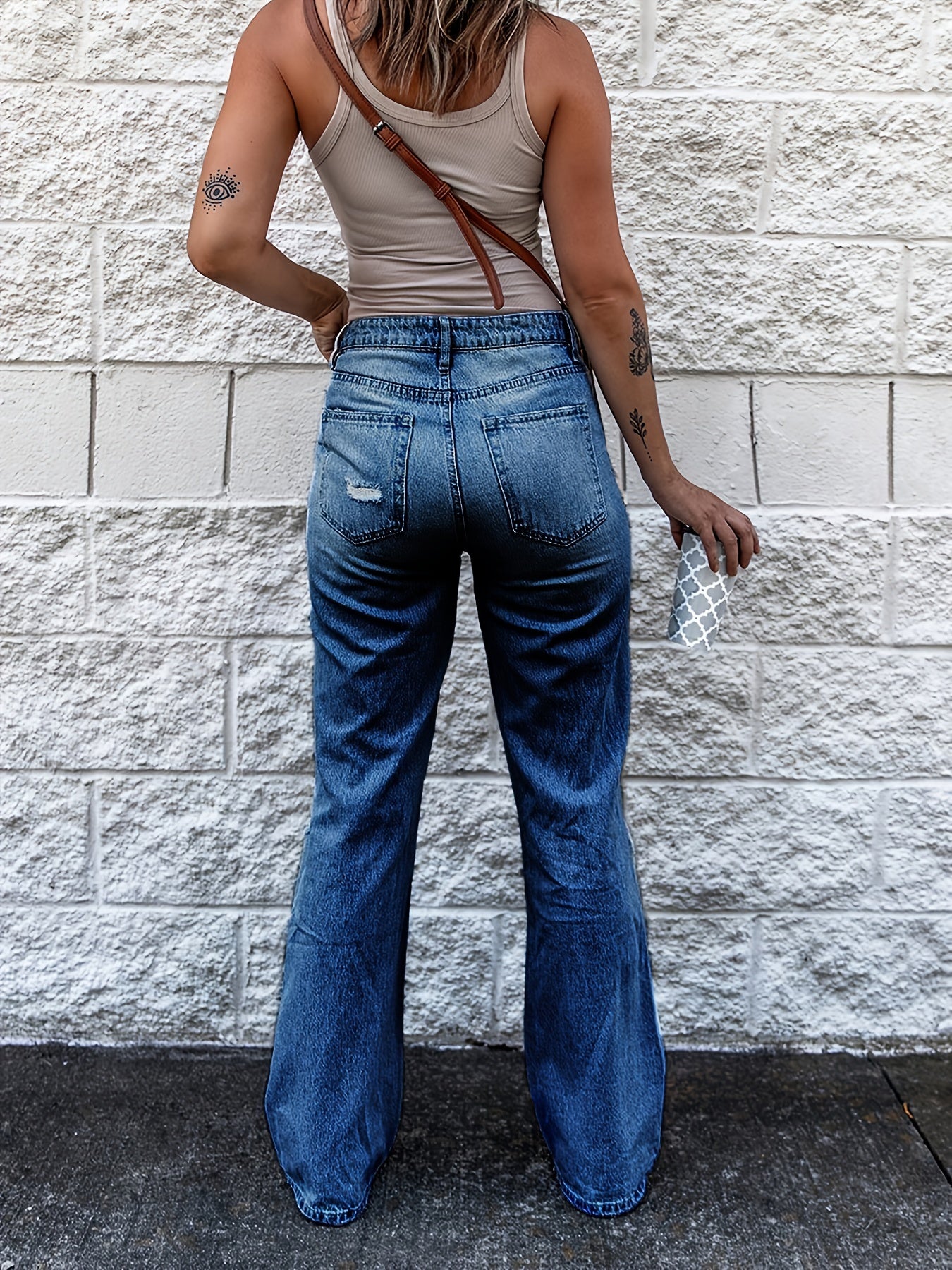 Distressed High Waist Bootcut Jeans Retro Denim Pants