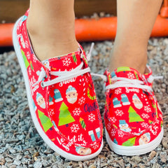 Women's Christmas Cartoon Print Skateboard Shoes Lightweight Low Top Red