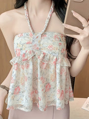 Floral Print Shirred Halter Top Tie Back Sleeveless Summer Top
