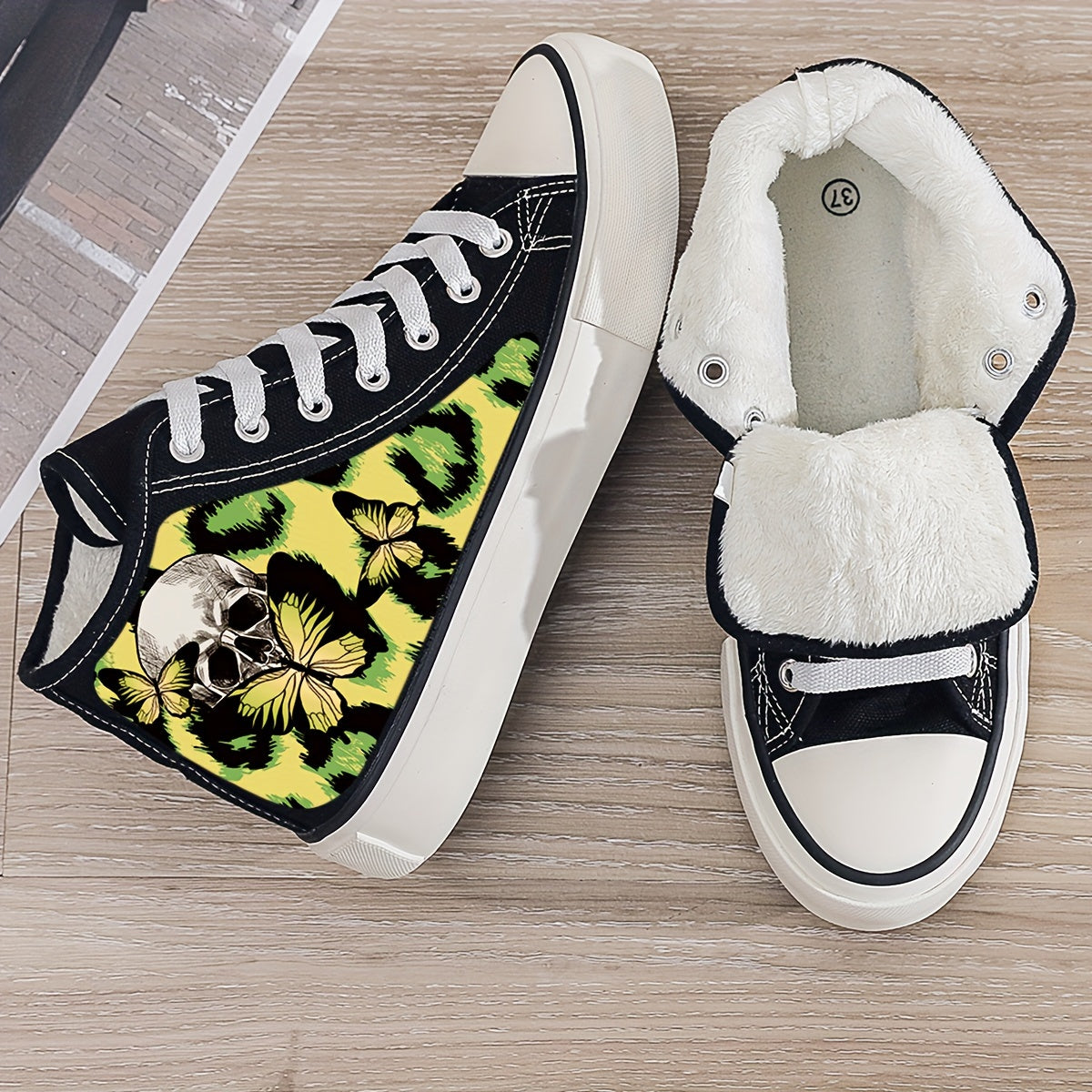 Skull & Butterfly Print Plush Lined Thermal Chunky Canvas Sneakers