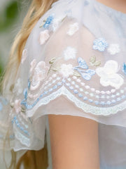 Girls Mesh Lace Collar Embroidered Princess Dress For Birthday Party