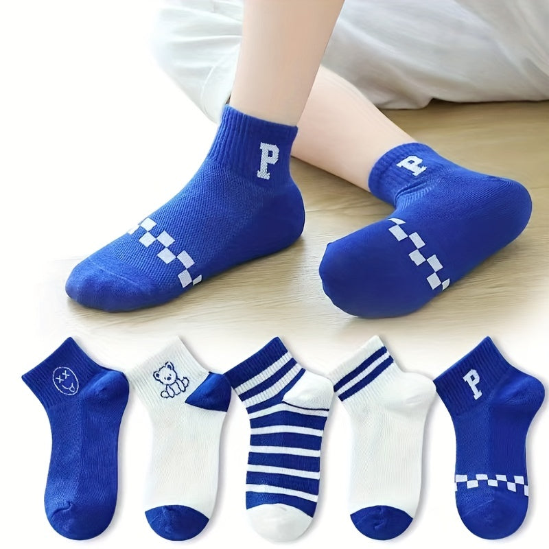 5Pairs Boys Cartoon Bear Smile Face Crew Socks for Spring Autumn Summer