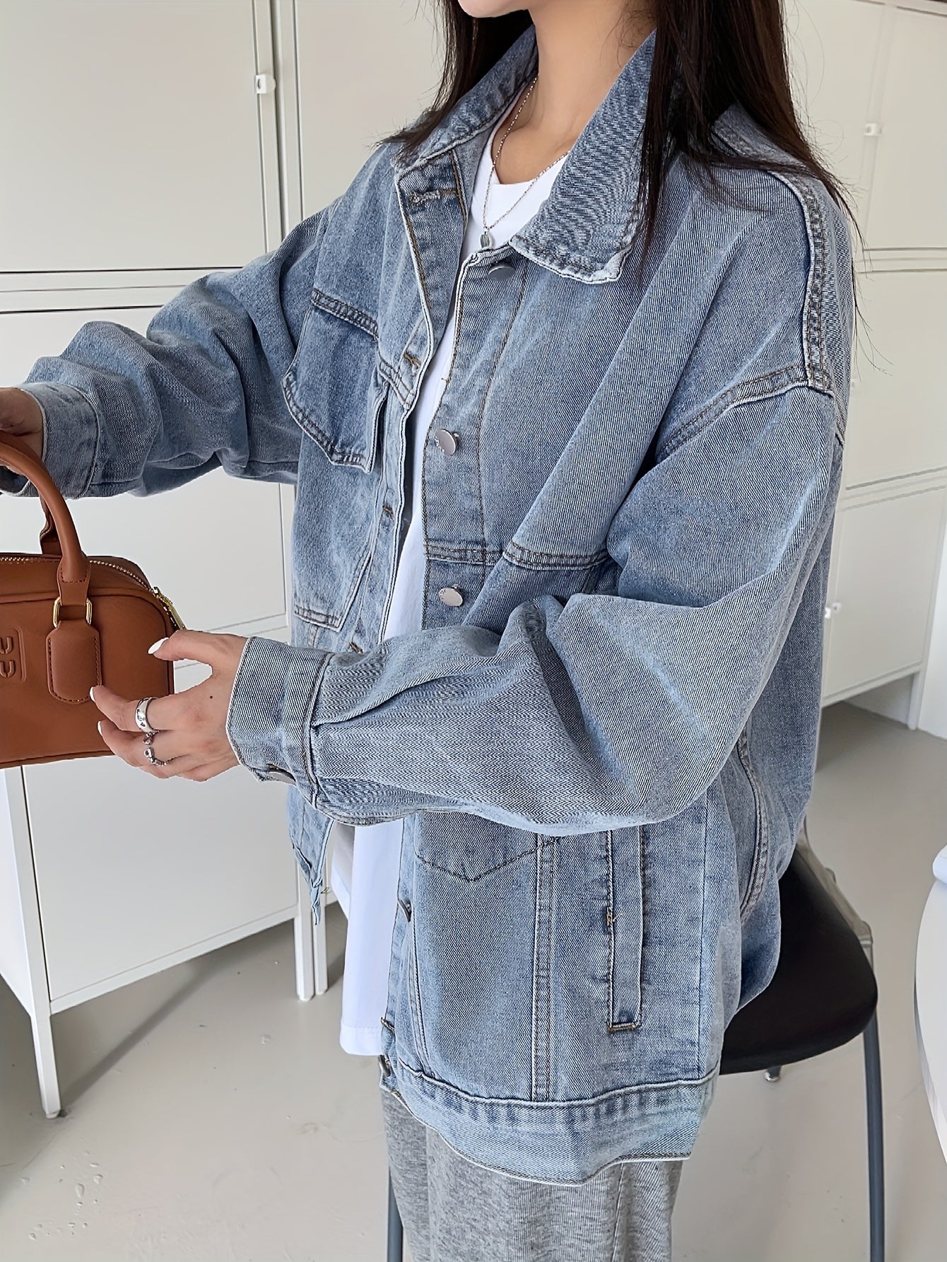 Women's Loose Fit Denim Jacket Long Sleeve Lapel Coat