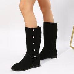 Women's Mid Calf Buckle Boots Flat Round Toe Comfort Non Slip Shoes