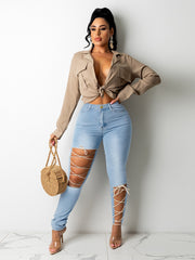 Laced Cutout Skinny Jeans High Rise Slim Fit Jeans With Lace Up Holes