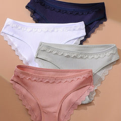 4pcs Lace Ribbed Briefs Women's Lingerie Panties