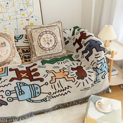Graffiti Tassel Retro Blanket Outdoor Camping Decorative Blanket Throw Blanket