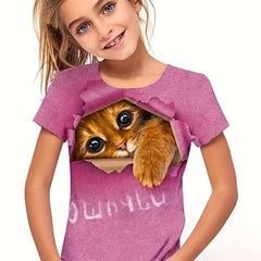 Girls Kitty Graphic Crew Neck T-shirt for Sports Summer